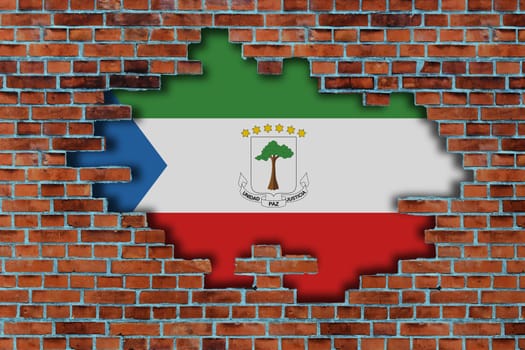 3D Flag of Equatorial Guinea behind the broken old stone wall background.