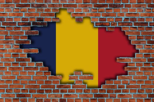 3D Flag of Chad behind the broken old stone wall background.