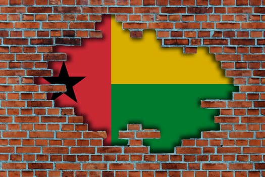 3D Flag of Guinea-Bissau behind the broken old stone wall background.