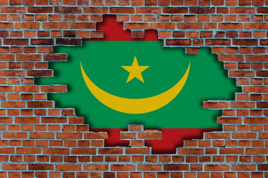 3D Flag of Mauritania behind the broken old stone wall background.