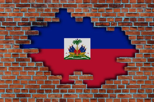 3D Flag of Haiti behind the broken old stone wall background.