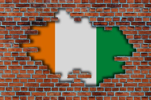 3D Flag of Ivory Coast behind the broken old stone wall background.