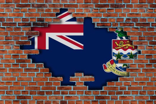 3D Flag of Cayman Islands behind the broken old stone wall background.