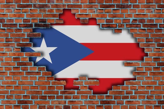 3D Flag of Puerto Rico behind the broken old stone wall background.