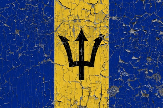 3D Flag of Barbados on an old stone wall background.