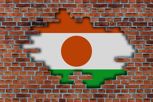 3D Flag of Niger behind the broken old stone wall background.