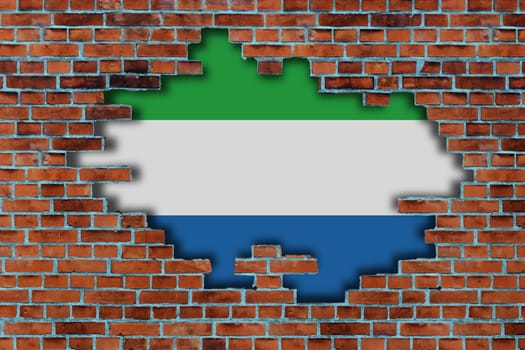 3D Flag of Sierra Leone behind the broken old stone wall background.