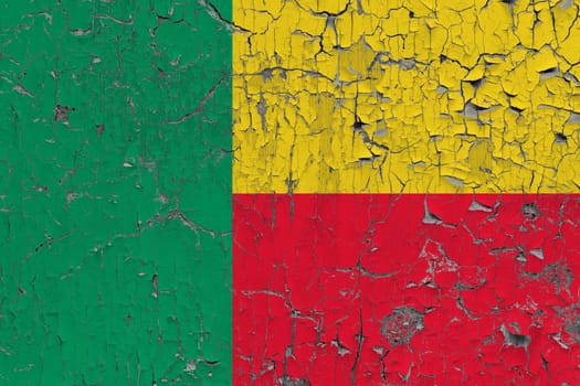 3D Flag of Benin on an old stone wall background.