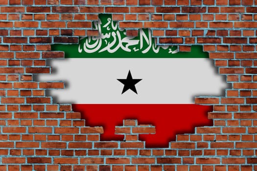 3D Flag of Somaliland behind the broken old stone wall background.