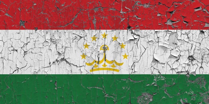 3D Flag of Tajikistan on an old stone wall background.