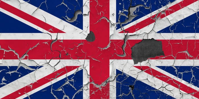 3D Flag of United Kingdom on an old stone wall background.