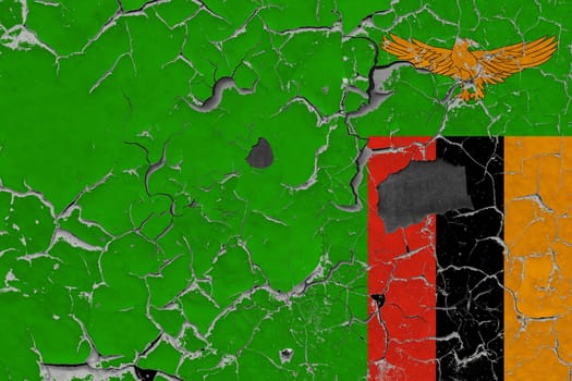 3D Flag of Zambia on an old stone wall background.