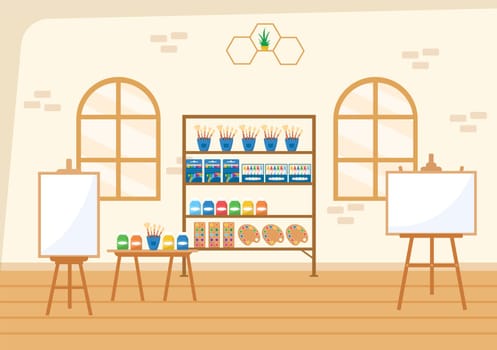 Art Shop with Painting Supplies Store Accessories and Tools for Drawing, Artists and Designers on Flat Cartoon Hand Drawn Template Illustration