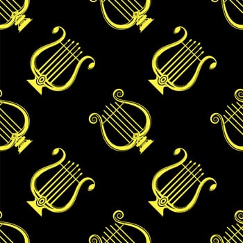 Yellow Lyre Musical Seamless Pattern on Black Background.