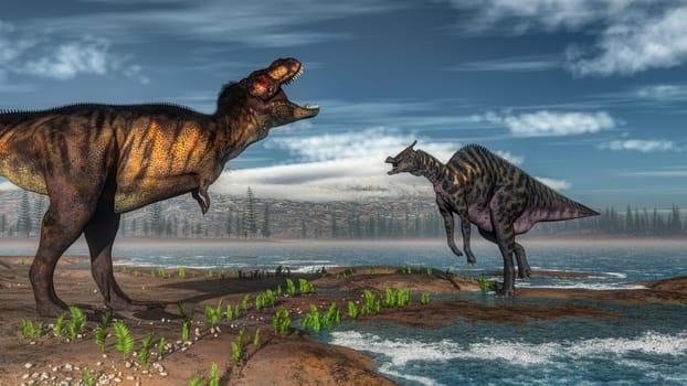 Tyrannosaurus rex and saurolophus dinosaurs by day - 3D render