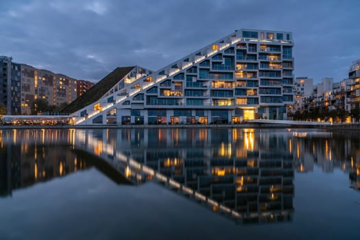 Exterior view of the 8 Housebuilding, designed by famous Danish architect Bjarke Ingels.