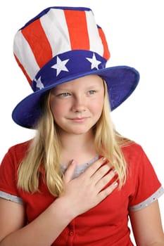 A pretty young girl saying the pledge of allegiance on the fourth of july.  White background.