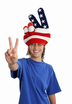 A patriotic teenager wearing a USA hat and giving a peace sign.