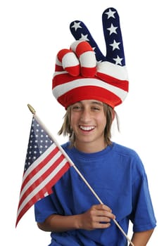 A patriotic immigrant boy showing love for his adopted country.