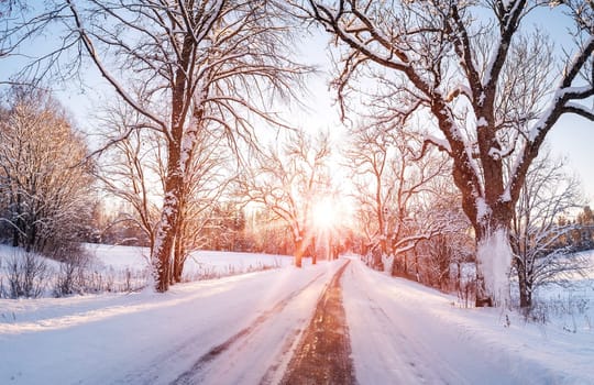 View of the sunrise in the morning on the country snowy road. Beautiful scenery landscape.