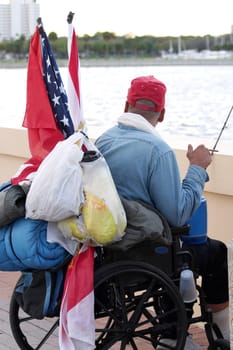 A homeless veteran in a wheelchair.