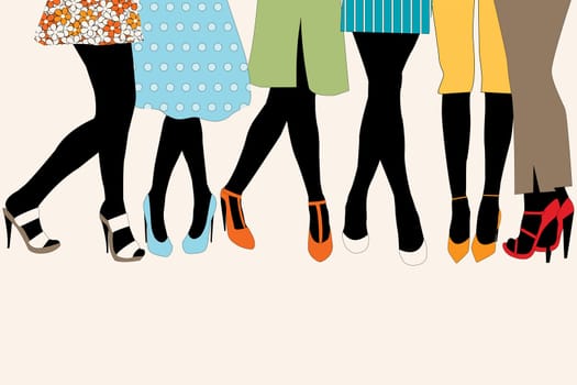 Casual fashion concept with group of women  wearing stylish shoes and black stocking