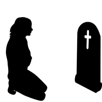 Woman silhouette on her knees in front of a grave