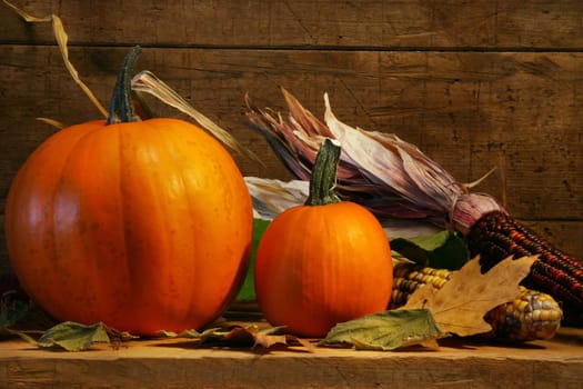 Two pumpkins on the shelf with autumn corn
