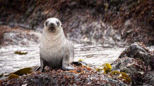 beautiful Young Antarctic fur seal (Arctocephalus gazella) in South Georgia in its natural environment