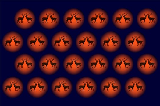 Christmas pattern on a dark blue background with two deers in the sunset. Vector image. Package design.