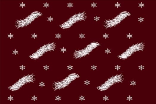 Christmas pattern on a dark red background with fir branches and snowflakes. Vector image. Package design.