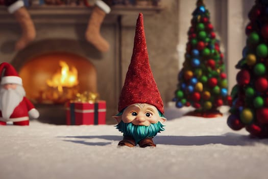 Christmas gnome greeting card with bokeh lights on the tree, gift boxes for the holiday, winter season, illustration