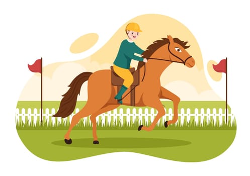 Horse Racing Competition in a Racecourse with Equestrian Performance Sport and Rider or Jockeys on Flat Cartoon Hand Drawn Templates Illustration