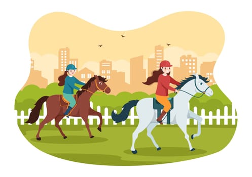 Horse Racing Competition in a Racecourse with Equestrian Performance Sport and Rider or Jockeys on Flat Cartoon Hand Drawn Templates Illustration