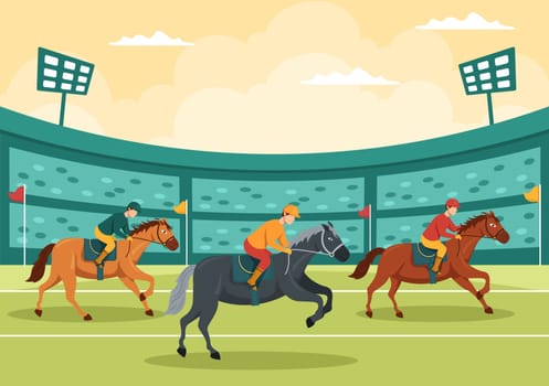 Horse Racing Competition in a Racecourse with Equestrian Performance Sport and Rider or Jockeys on Flat Cartoon Hand Drawn Templates Illustration