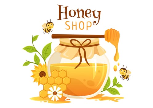 Honey Shop with a Natural Useful Product Jar, Bee or Honeycombs to be Consumed on Flat Cartoon Hand Drawn Templates Illustration