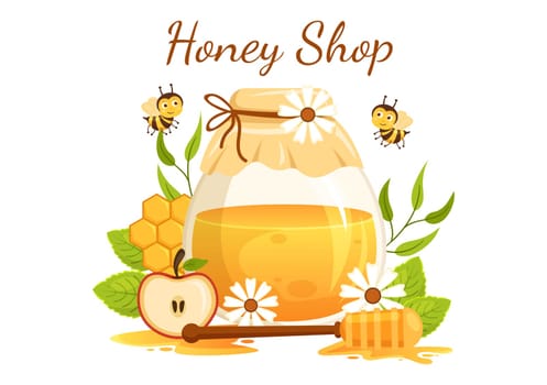 Honey Shop with a Natural Useful Product Jar, Bee or Honeycombs to be Consumed on Flat Cartoon Hand Drawn Templates Illustration