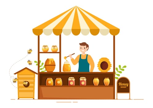 Honey Shop with a Natural Useful Product Jar, Bee or Honeycombs to be Consumed on Flat Cartoon Hand Drawn Templates Illustration