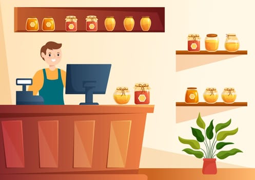 Honey Shop with a Natural Useful Product Jar, Bee or Honeycombs to be Consumed on Flat Cartoon Hand Drawn Templates Illustration