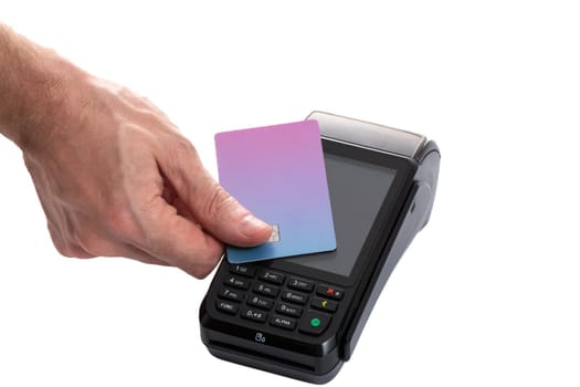 Attached plastic card to the payment terminal with a man's hand on a white isolated background, copy space. High quality photo
