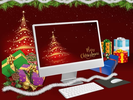 Christmas Background for Computer Fans with an Abstract Christmas Tree and Lots of Presents - Colorful Detailed Illustration