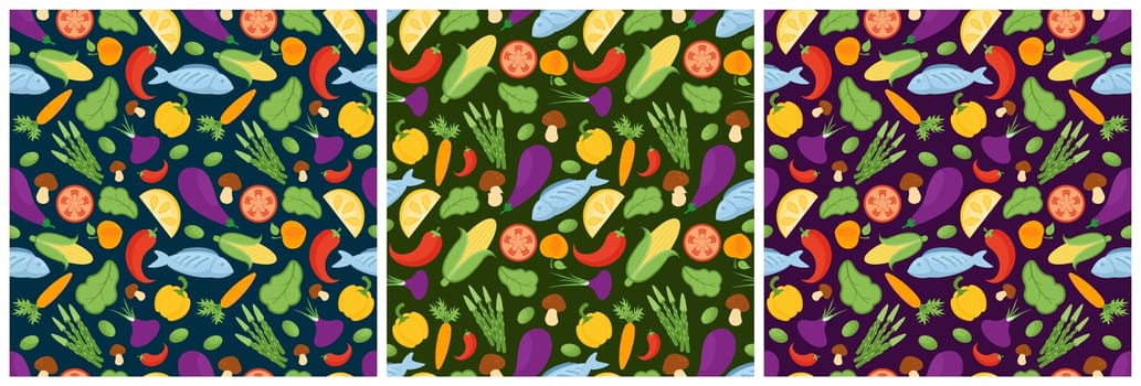 Set of Vegetarian, Fruit or Vegetables Seamless Pattern Design with Fresh, Organic and Natural Food in Hand Drawn Flat Cartoon Background Illustration