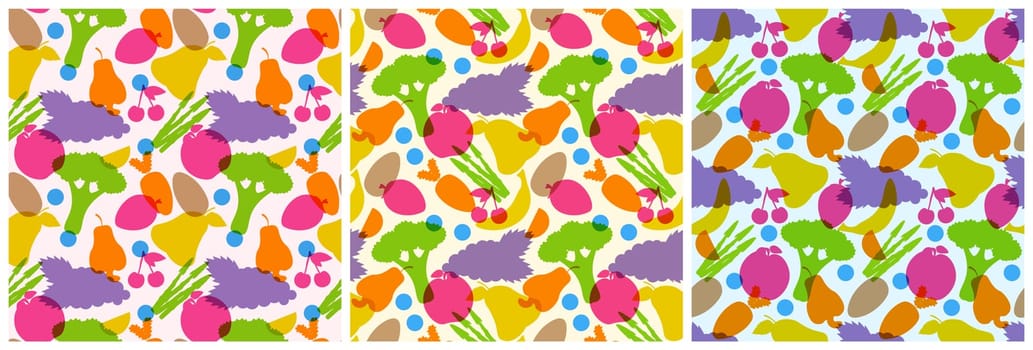 Set of Vegetarian, Fruit or Vegetables Seamless Pattern Design with Fresh, Organic and Natural Food in Hand Drawn Flat Cartoon Background Illustration