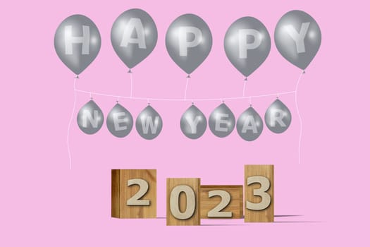 3D illustration New Year concept 2023 design with text on the wooden box and balloons on a pirouette color background.
