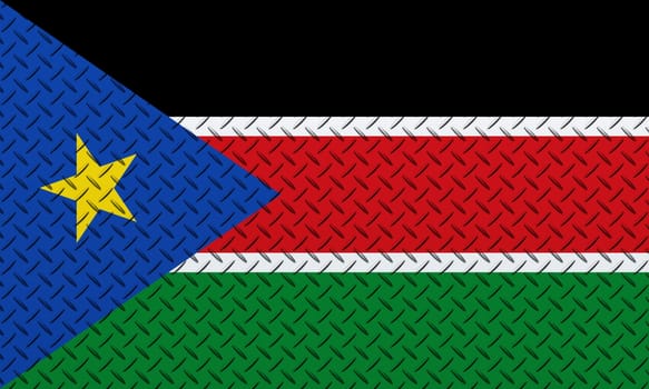 3D Flag of South Sudan on a metal wall background.