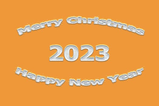 3D illustration New Year concept 2023 design with text snow design on a marigold color background.