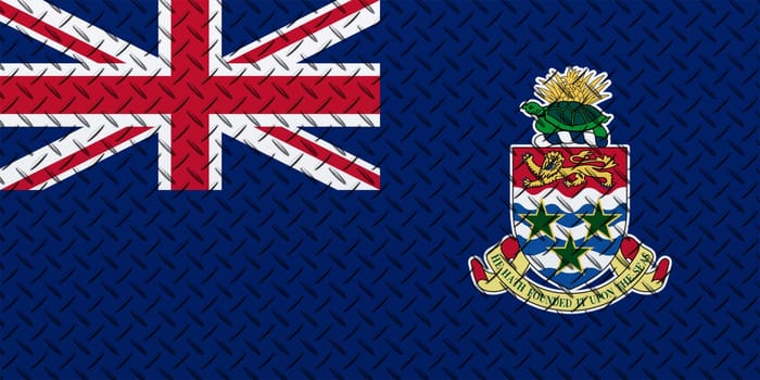 3D Flag of Cayman Islands on a metal wall background.