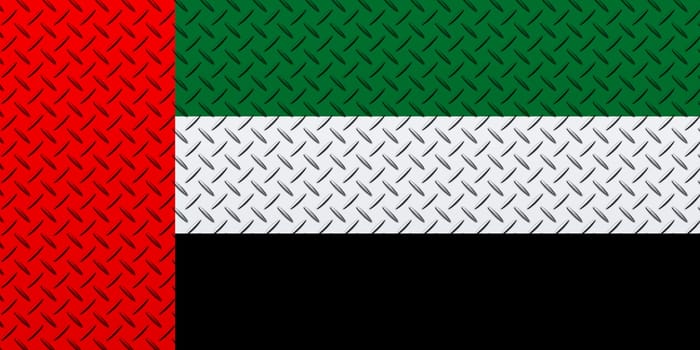 3D Flag of United Arab Emirates on a metal wall background.