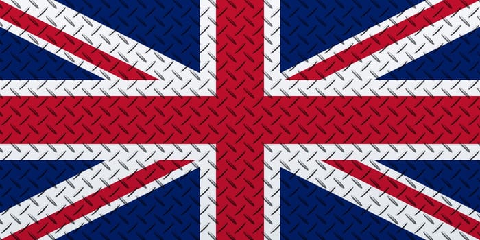 3D Flag of United Kingdom on a metal wall background.