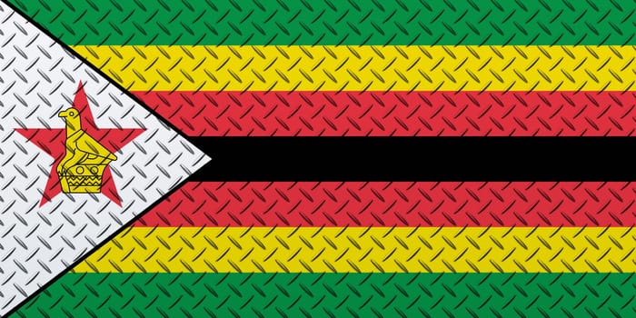3D Flag of Zimbabwe on a metal wall background.